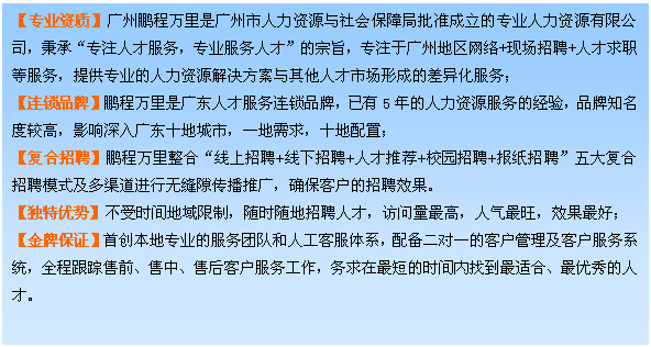 文本框: 【專業(yè)資質(zhì)】廣州鵬程萬里是廣州市人力資源與社會保障局批準(zhǔn)成立的專業(yè)人力資源有限公司，秉承“專注人才服務(wù)，專業(yè)服務(wù)人才”的宗旨，專注于廣州地區(qū)網(wǎng)絡(luò)+現(xiàn)場招聘+人才求職等服務(wù)，提供專業(yè)的人力資源解決方案與其他人才市場形成的差異化服務(wù)；
【連鎖品牌】鵬程萬里是廣東人才服務(wù)連鎖品牌，已有5年的人力資源服務(wù)的經(jīng)驗，品牌知名度較高，影響深入廣東十地城市，一地需求，十地配置；
【復(fù)合招聘】鵬程萬里整合“線上招聘+線下招聘+人才推薦+校園招聘+報紙招聘”五大復(fù)合招聘模式及多渠道進行無縫隙傳播推廣，確?？蛻舻恼衅感Ч?。
【獨特優(yōu)勢】不受時間地域限制，隨時隨地招聘人才，訪問量最高，人氣最旺，效果最好；
【金牌保證】首創(chuàng)本地專業(yè)的服務(wù)團隊和人工客服體系，配備二對一的客戶管理及客戶服務(wù)系統(tǒng)，全程跟蹤售前、售中、售后客戶服務(wù)工作，務(wù)求在最短的時間內(nèi)找到最適合、最優(yōu)秀的人才。

